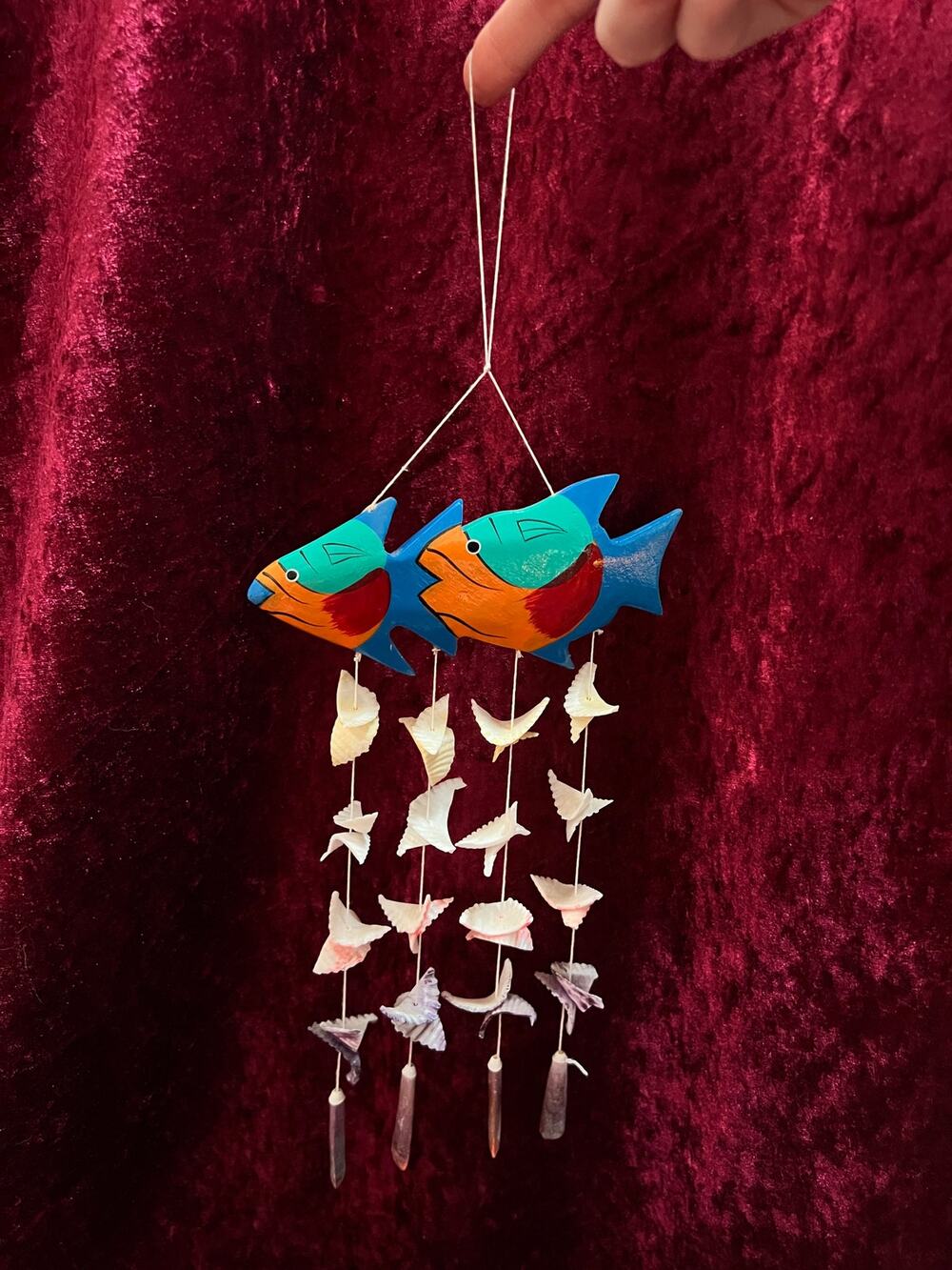 Vintage Wood Fish Wind Chime - Hand Painted Tropical Tiki Fish Seashell Mobile